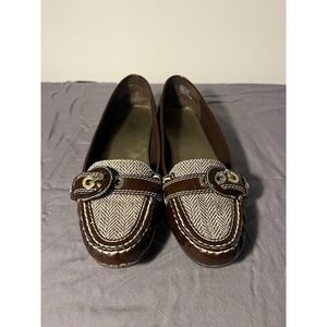 Franco Sarto Women's 8.5 M Loafers Herringbone Gold Tone Buckle Slip Ons Leather